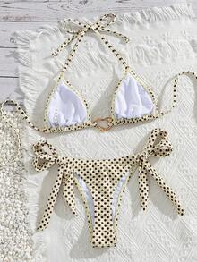 Bộ đồ bơi 2 mảnh nữ quyến rũ thời trang phong cách tối giản trẻ trung rực rỡ dễ thương họa tiết chấm bi đỏ điểm nhấn vàng dây buộc cổ kín đáo cho đi biển du lịch tiệc tùng, hàng mới về xuân/hè - đốm vàng đen - Xem 4