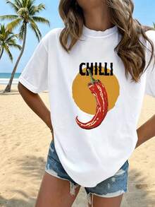 Women's T-Shirt 2026, New Summer T-Shirt With Round Neck And Spicy Red Chili Print, Fun And Unique Design, Double Brushed Milk Silk, Comfortable And Breathable, Versatile For Daily Use, Commuting, Casual, Slimming Effect, Multicolor Top. - 白色 - 查看 6