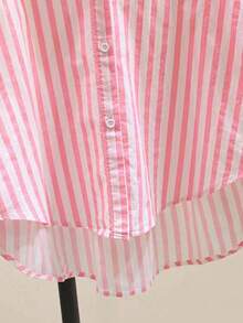 Camisa de manga larga casual con bolsillo en el pecho y estampado de rayas para mujeres, otoño e invierno - Rosa - Ver 3