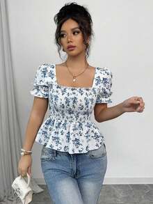 Blusa de mujer con estampado floral diminuto, mangas abullonadas y dobladillo con volantes - Azul - Ver 7
