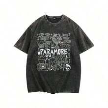 [Lavado Vintage] Camiseta de Alta Calidad PARAMORE Camiseta Negra de Algodón de Alta Calidad Camiseta de Hombre de Hombros Descubiertos Cuello Redondo Mangas Cortas 230g Patrón Lavado,Playeras de Mujer Vintage Lavado Estampado Gráfico Verano Cómoda - Negro - Ver 5