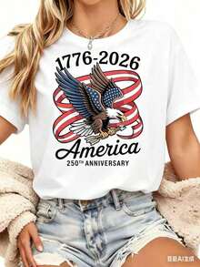 Camiseta Casual para Mujer |     Estados Unidos de América, Estampado de Águila y Bandera del 250º Aniversario, 1776-2026, Ropa para Celebración del Día de la Independencia, Cuello Redondo, Mangas Regulares, Tela Ligeramente Elástica, Transpirable para Verano - Blanco - Ver 4