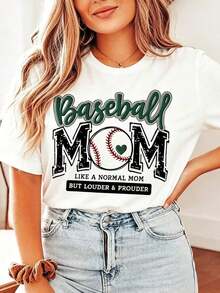 1 Piece Women's Green Baseball Graphic T-Shirt With Cute "Baseball Mama" Print, Round Neck, Short Sleeve, Comfortable Summer T-Shirt, Perfect For Mother's Day Gifts, Daily Wear And Sporting Events, Basic Top For Ladies, 180g 100% Cotton. - 白色 - 查看 5