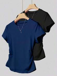 Set de 2 blusas de mujer para uso casual y deportivo de verano, color vino tinto y gris, aptas para uso al aire libre, en el hogar y en la oficina - Azul marino - Ver 7