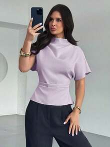Blusa de bambú y lino con cuello arrugado, mangas asimétricas, plisado lateral y cintura ceñida, para uso diario, color albaricoque, para todas las estaciones - Morado Violeta - Ver 5