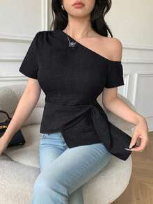 Blusa casual elegante de hombros con nudo, de corte slim para mujeres - Negro - Ver 4