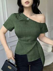 Blusa casual elegante de hombros con nudo, de corte slim para mujeres - Verde - Ver 6
