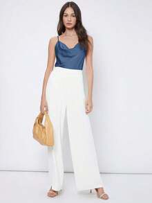 Top de satén sin mangas para mujer, elegante y romántica de unicolor, para uso casual y de negocios, adecuada para oficina, diario, otoño - Azul marino 2 - Ver 3