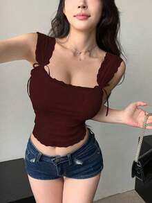 Camiseta ajustada sin mangas con adorno de encaje y atar para mujeres - Burdeos 2 - Ver 4