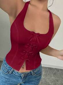 blanca elegante y ajustada con cuello de lazo para volver al colegio - Burdeos - Ver 6