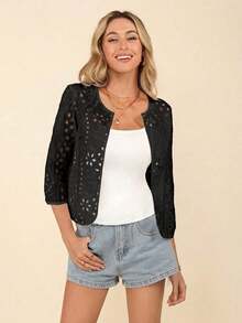 Chaqueta ligera con bordado de ojales para mujer de estilo casual, atuendos de resort de verano para mujer, ropa de verano para vacaciones, blusas para salir, blusas bohemias de negocios casuales para otoño/invierno - Negro - Ver 3