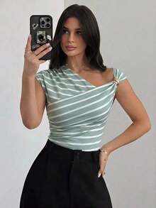 Camiseta blanca ajustada con hombro asimétrico, cintura fruncida, para mujer.Atuendo modesto y elegante para uso diario, playa, aeropuerto, vacaciones, trabajo como maestra. - Verde - Ver 5