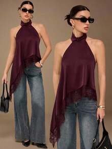 Tall Top de camisola sin espalda con adorno de encaje elegante, blusa sin mangas de satén con parches sexy para fiestas, cócteles, ocasiones formales, Navidad, casual de negocios - Burdeos - Ver 9