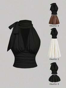 Blusa elegante y chic de unicolor con cuello plisado y recortado, ajustada, para el verano - Negro - Ver 1