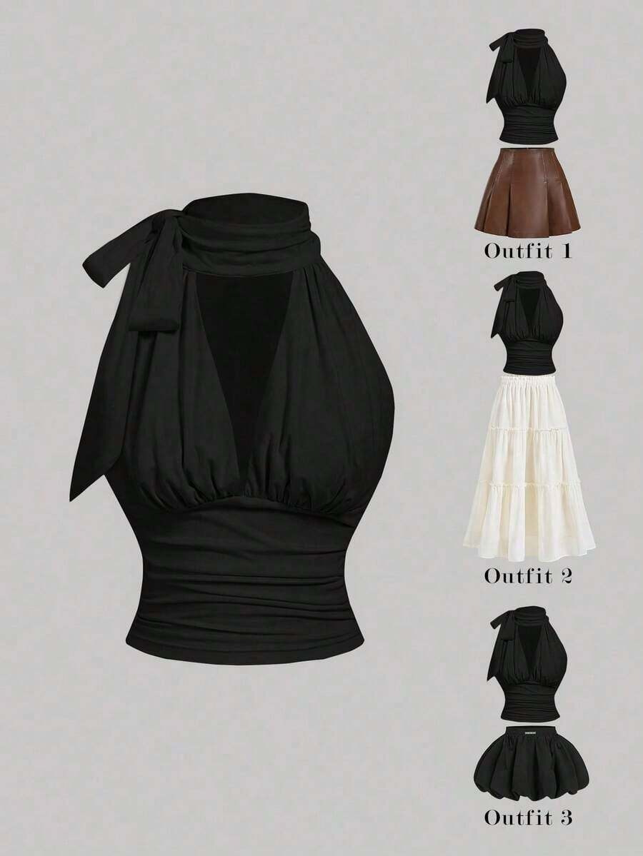 Blusa elegante y chic de unicolor con cuello plisado y recortado, ajustada, para el verano - Negro - Ver 1