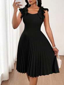 Vestido mini de fiesta con estampado floral y pliegues a la moda para mujer - Negro - Ver 3