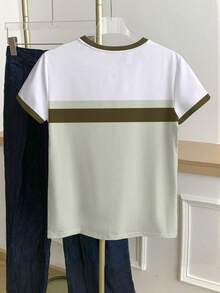 RCamiseta casual de mujer de cuello redondo con estampado gráfico de rayas y bloques de color - Blanco 8 - Ver 2