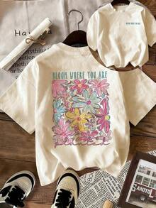 Camiseta de mujer con estampado de letras de cuello redondo y manga corta, estilo casual y versátil para vacaciones, adecuada para uso diario, vacaciones y moda de verano - Albaricoque - Ver 10