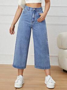 Jeans casuales de cintura alta con bolsillos y pierna ancha - Azul lavado medio - Ver 4