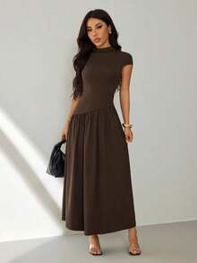Vestido casual largo plisado de manga abullonada y cuello alto en unicolor para mujer, de verano - Marrón - Ver 1