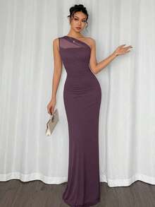 Vestido maxi ajustado de estilo elegante y romántico, con cuello asimétrico, adecuado para fiestas, vacaciones en la playa, vuelta al colegio, citas románticas, temporada de bodas, cumpleaños, Pascua, primavera/verano - Púrpura polvoriento - Ver 7