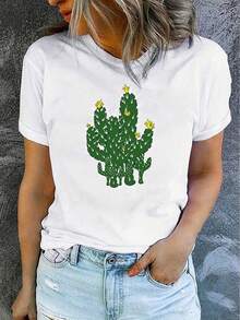 Women's Basic Casual T-Shirt With Cactus Print, Mexican Style, New Release - 白色 - View 1
