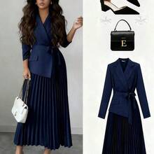 Raffinéa Women's Casual Versatile Commuting Patchwork Blazer Collar Long Sleeve Cinched Waist Pleated Midi Dress, Autumn/Winter Skirt Suits For Woman Blazer Skirt Set - Negro - Ver 4