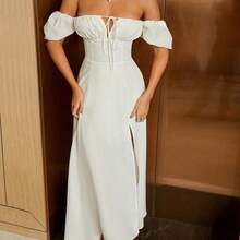 Puff Sleeve Tie Front Off Shoulder Slit Thigh Dress White Elegant Summer - Rosa Pálido - Ver 5
