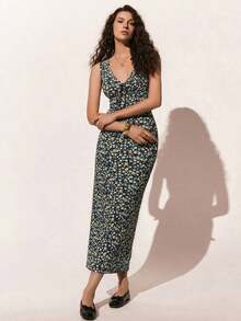 Vestido de verano con escote en V sin mangas con estampado floral diminuto para vacaciones en la playa - Azul - Ver 7