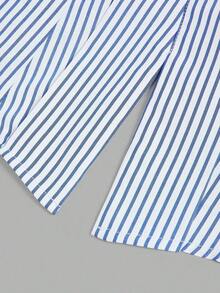 Nuevo diseño de verano/primavera de moda casual vintage estilo americano, camisa de lino azul difuminado con pliegues, abertura y cintura ceñida, vestido línea A para uso diario y vacaciones, diseño único y encantador para mujeres - Azul y blanco - Ver 9