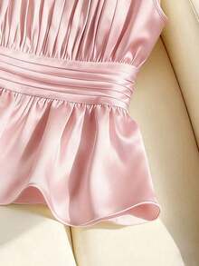 Blusa ajustada sin mangas con cuello y detalles de perlas falsas para mujer - Rosa - Ver 5