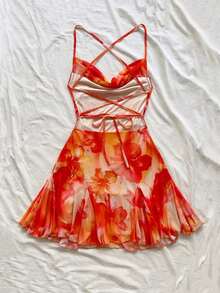 Vestido mini de mujer para vacaciones con tirantes finos, escote pronunciado, espalda descubierta, lazo, bajo estilo sirena, estilo romántico, vestido mini para pausas de té, caminatas al aire libre, citas, atuendo de playa, malla, joven y feme - Naranja - Ver 2