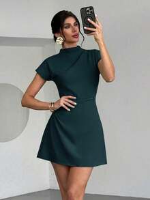 Vestido mini de línea A con fruncido de unicolor, adecuado para el uso diario en verano - Azul marino - Ver 8