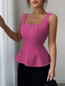 Blusa elegante de cuello cuadrado sin mangas para mujer, adecuada para la oficina, el transporte, el té de la tarde, las fiestas, las vacaciones y ocasiones casuales - Rosa Fucsia - Ver 6