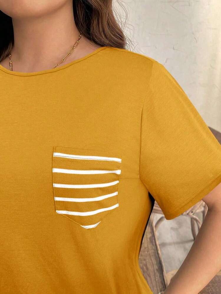 Camiseta casual de talla grande con bolsillo y rayas de contraste, prenda de vestir occidental estilo boho bohemio, top de festival de los 90, verano y primavera - Amarillo - Añade 3