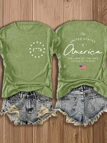 Camiseta de manga corta con cuello redondo para mujer, estilo europeo y americano, ligera y transpirable, con un diseño de inspiración estadounidense que presenta los motivos de 1776 y la bandera nacional, adecuada para uso casual en otoño, una blusa estampada a la moda y cómoda, versátil y de estilo urbano - Transpirable y agradable para la piel. - verde oscuro - Ver 6