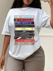 90s R&B Cassette Print T-Shirt, Women's Spring/Summer Clothing, Crew Neck T-Shirt, Women's T-Shirt, Women's Summer Short Sleeve Top, Women's Spring/Summer Sets - 淺灰色 - 查看 6