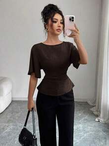 Camisa casual de mujer con ribete de contraste en la cintura y manga corta, para verano - Marrón 2 - Ver 7