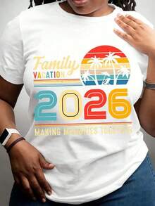 Women's Casual T-Shirt With A Round Neck, Tropical Sunset And Palm Tree Print. Soft And Comfortable Fabric With Stretch For Everyday Wear, Both Casual And Seasonal. A Great Gift For Family Vacations And Loved Ones. - 白色 - 查看 1