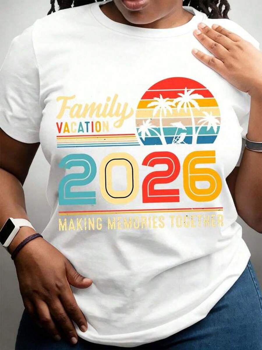 Women's Casual T-Shirt With A Round Neck, Tropical Sunset And Palm Tree Print. Soft And Comfortable Fabric With Stretch For Everyday Wear, Both Casual And Seasonal. A Great Gift For Family Vacations And Loved Ones. - 白色 - 查看 1