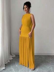 Vestido plisado con abertura y espalda descubierta de unicolor elegante para mujer, de verano - Amarillo - Ver 5