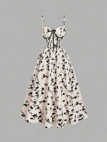 MOD Vestido con estructura de corsé con contraste de rayas azul y blanco en la cintura, estampado floral en el bustier, atuendo de vacaciones para mujer, vestido de verano, atuendo de campo, ropa de playa, vestido de verano, vestido de Pascua para mujer, vestidos de verano para mujer, vestido de fiesta de té - Multicolor - Ver 2