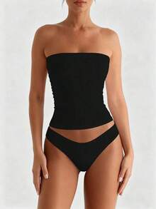 Camiseta sin tirantes sexy básica, top tubo ajustado de unicolor y elástico a la moda, adecuado para mujeres en todas las estaciones, casual negro de verano - Negro - Ver 8