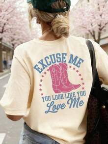 Camiseta vintage 100% para mujer, estilo punk suave y holgado, hecha de tela 100% algodón suave, estampada con el eslogan "EXCUSE ME YOU LOOK LIKE YOU LOVE ME" en rojo, llamativa y versátil, camiseta de manga corta estilo punk occidental americano, adecuada para salidas de fin de semana, fiestas temáticas de mezclilla y reuniones con amigos, ropa casual de verano para mujer, conjuntos de regalo para el Día de la Madre, ropa para la Copa del Mundo, ropa para fiestas de fútbol, ropa para días de juego, camiseta unisex de fútbol de EE. UU. de talla grande, ropa de verano para mujer. Moda - Albaricoque 3 - Ver 5