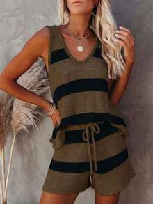 Conjunto de punto de chaleco y pantalones cortos a rayas de contraste de cuello en V, estilo elegante y relajado, adecuado para el uso diario, vacaciones, salidas a la playa en verano - Marrón - Ver 6