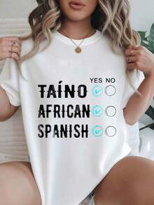Camiseta Casual Estampada de Moda para Mujer Taino African Spanish Yes No Checkmarks, Adecuada para Todas las Temporadas  
 -Blanco - Blanco - Ver 1