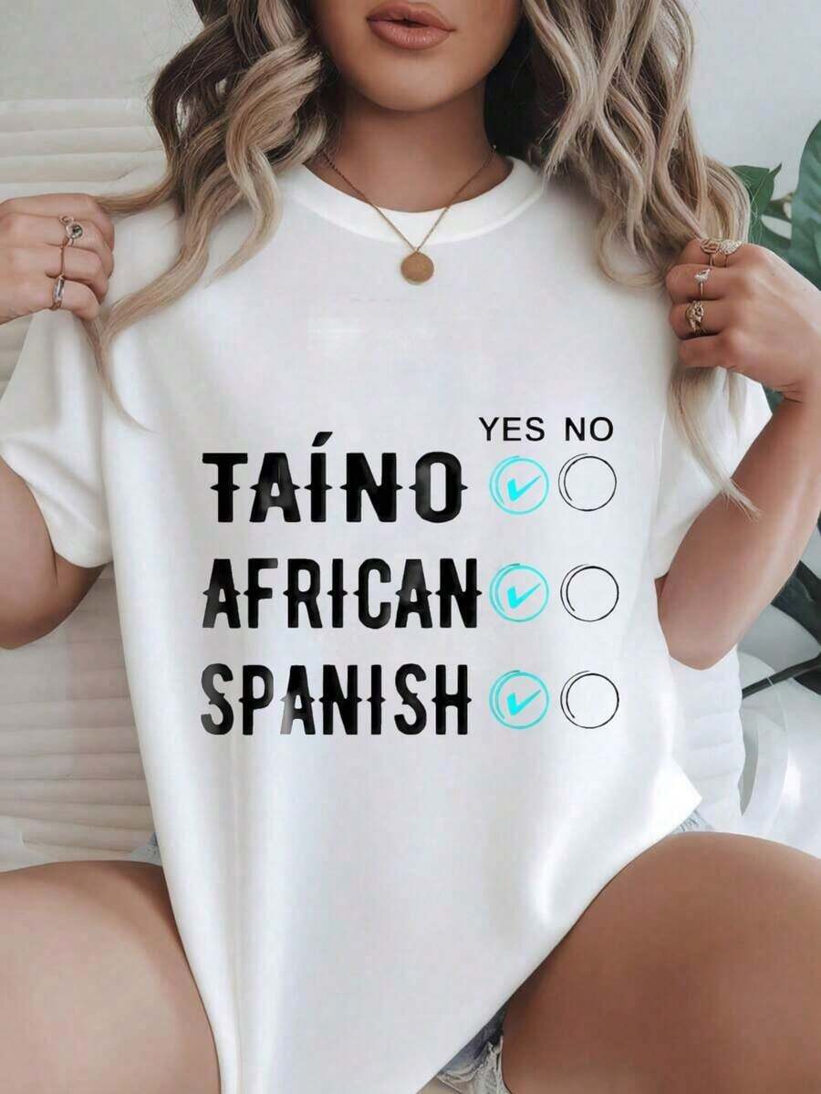Camiseta Casual Estampada de Moda para Mujer Taino African Spanish Yes No Checkmarks, Adecuada para Todas las Temporadas  
 -Blanco - Blanco - Ver 1