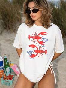 1 Piece 100% Cotton T-Shirt For Men And Women With Retro Red Daisy Lobster Graphic, Soft, Essential For Casual Street Wear In All Seasons, Versatile Style For All Seasons, Affordable Everyday Wear And Perfect Gift For Fans And Friends - 220G2026 - Cute Clothes, Beach Vacation Outfits, Vintage T-Shirt For Women - 白色 - 查看 1