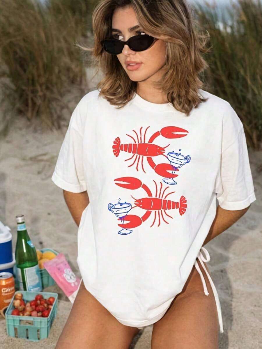1 Piece 100% Cotton T-Shirt For Men And Women With Retro Red Daisy Lobster Graphic, Soft, Essential For Casual Street Wear In All Seasons, Versatile Style For All Seasons, Affordable Everyday Wear And Perfect Gift For Fans And Friends - 220G2026 - Cute Clothes, Beach Vacation Outfits, Vintage T-Shirt For Women - 白色 - 查看 1