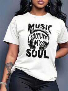 Women's Pure Cotton T-Shirt With A Round Neck, Headphone Print, And Lettering Design. This Casual Short-Sleeved Top Is Perfect For Travel, Parties, And Outdoor Activities. Suitable For Spring, Summer, And Autumn. - 白色 - 查看 7